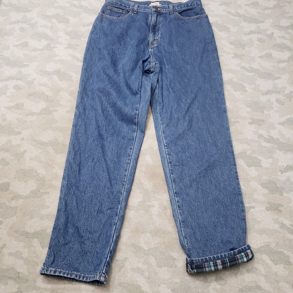 L.L. Bean Jeans Womens 14 Medium Tall Blue Relaxed Fit Denim Flannel Lined